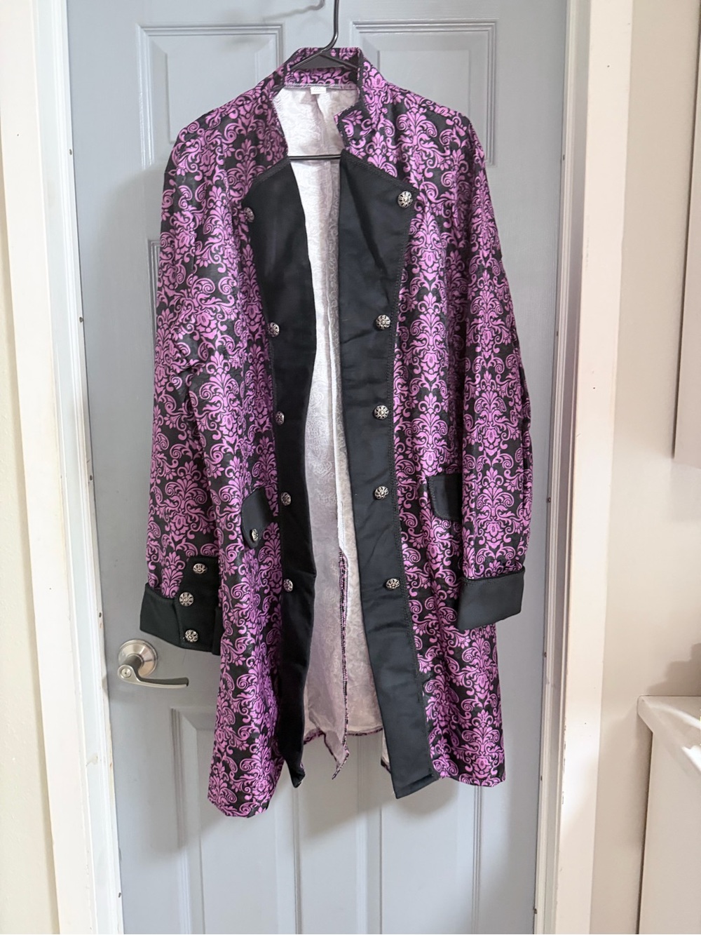 Three XL Halloween costume Men's Purple Brocade Trench Coat with Black Trim